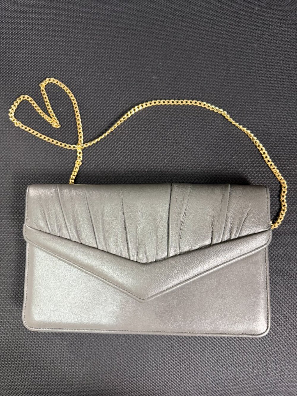 Gray Clutch Purse Gold Chain Strap Snap Closure Evening Bag